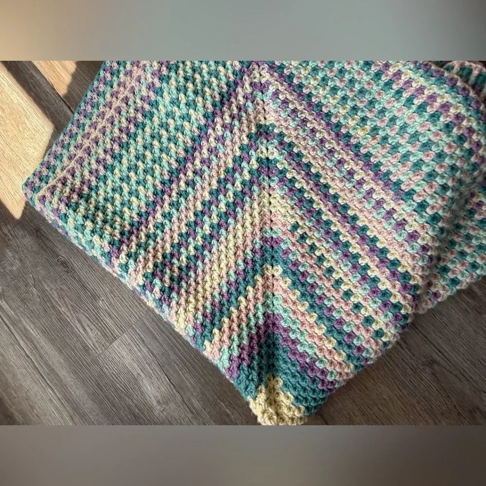 VTG 70s Afghan Blanket Crochet Hippie Boho Multi Color Handmade Blue Pink Cream